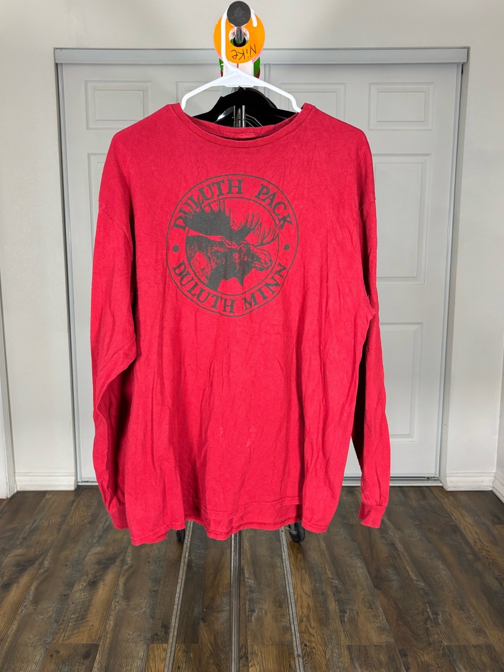 Artisan Long Sleeve Red Graphic Crewneck with Moose Emblem